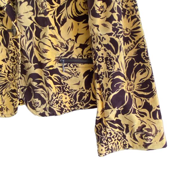 Boho Velvet Blazer Sz 12 Yellow & Brown Floral A-LINE Jacket Zip Front Pockets - Picture 10 of 13